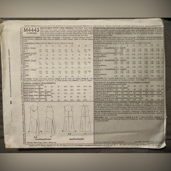 Clothes Pattern McCall’s #M4443 2004 Teen Girls dresses - Uncut - Picture 2 of 4